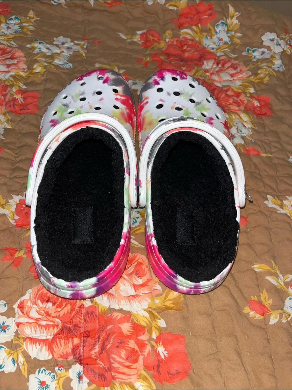 CROCS Kids Tie-Dye Clogs in White with Pink, Green & Gray